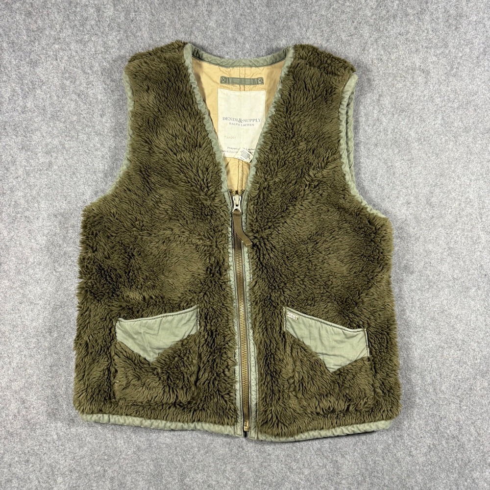 Denim & Supply Ralph Lauren Vest Men Small Olive Green Fleece Military Liner Zip